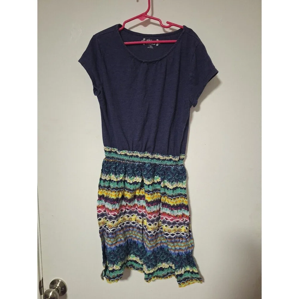 Mudd Girls Dress Size 14 Blue Short Sleeve Aztec Tribal Geometric Pattern Casual